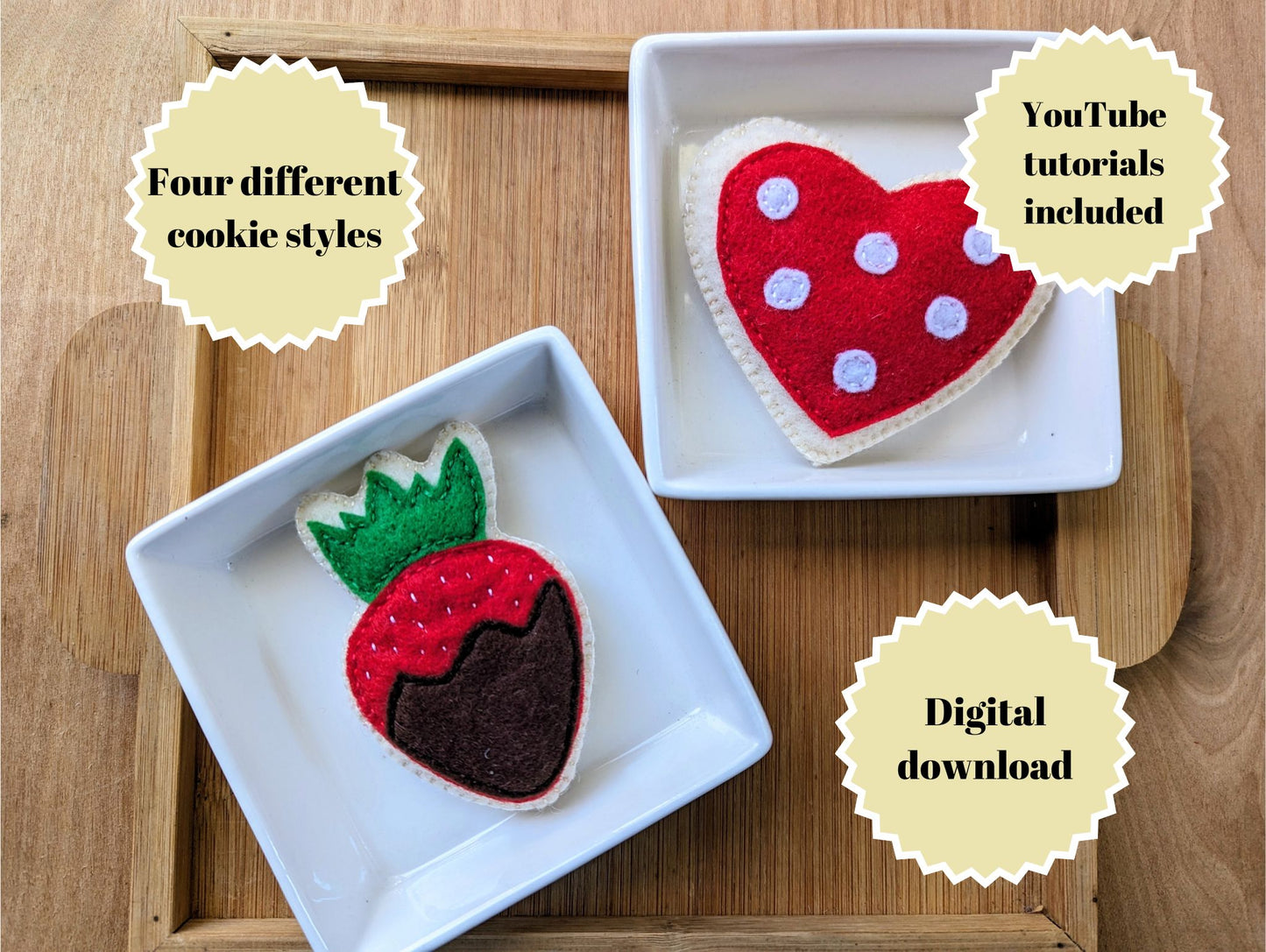 Felt sugar cookie sewing pattern with pictures and video tutorial | PDF pattern for four different cookies styles
