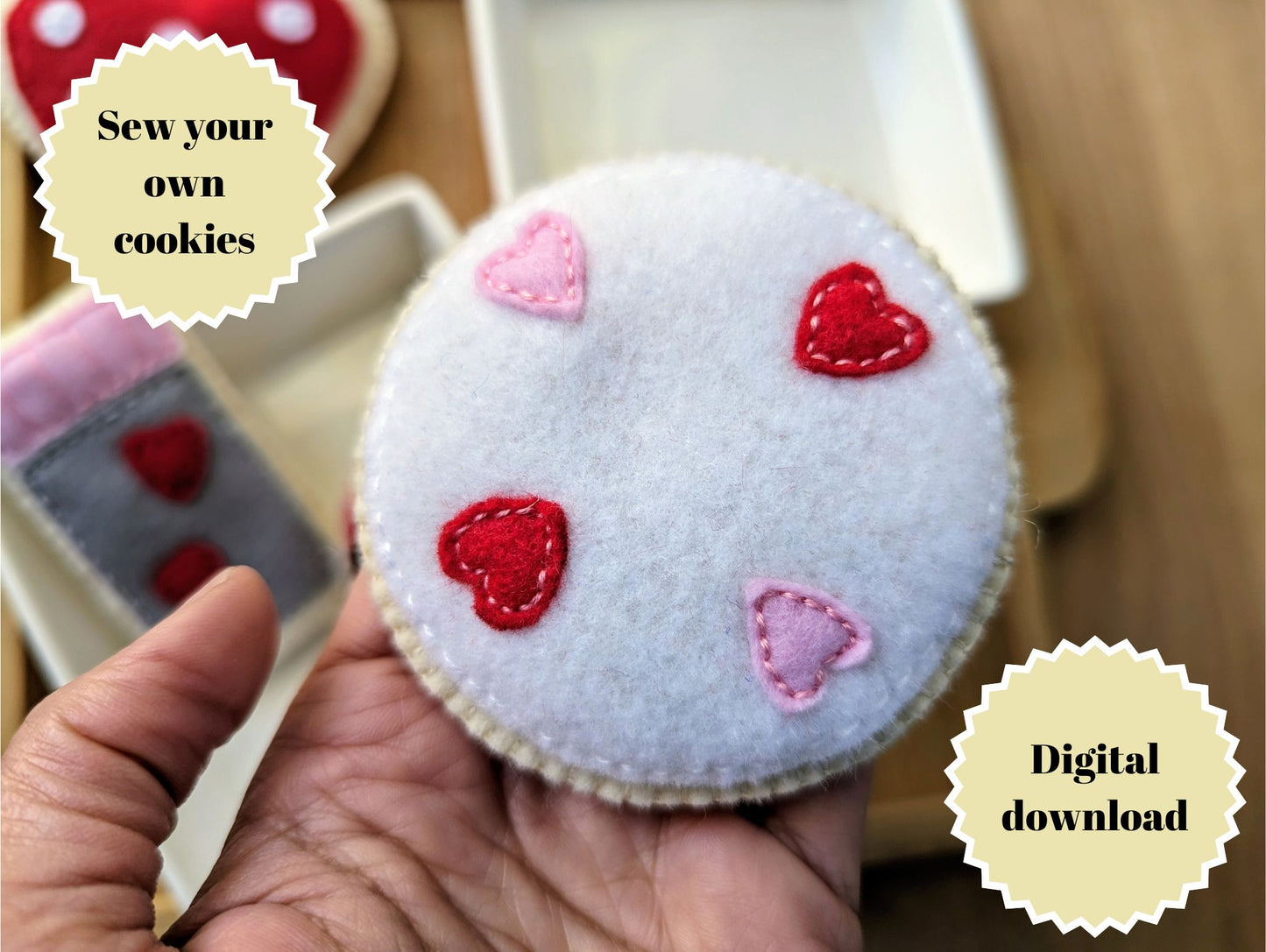 Felt sugar cookie sewing pattern with pictures and video tutorial | PDF pattern for four different cookies styles