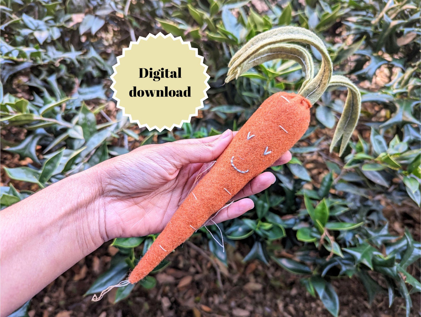 Cute felt carrot plushie sewing pattern with picture and video tutorial | PDF pattern for felt carrot sewing