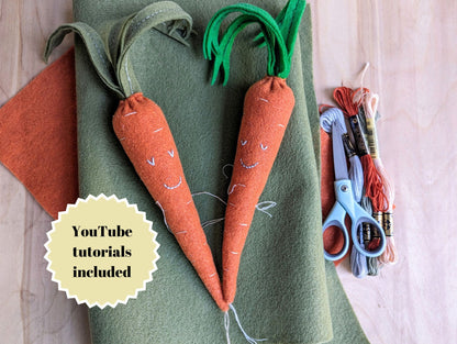 Cute felt carrot plushie sewing pattern with picture and video tutorial | PDF pattern for felt carrot sewing