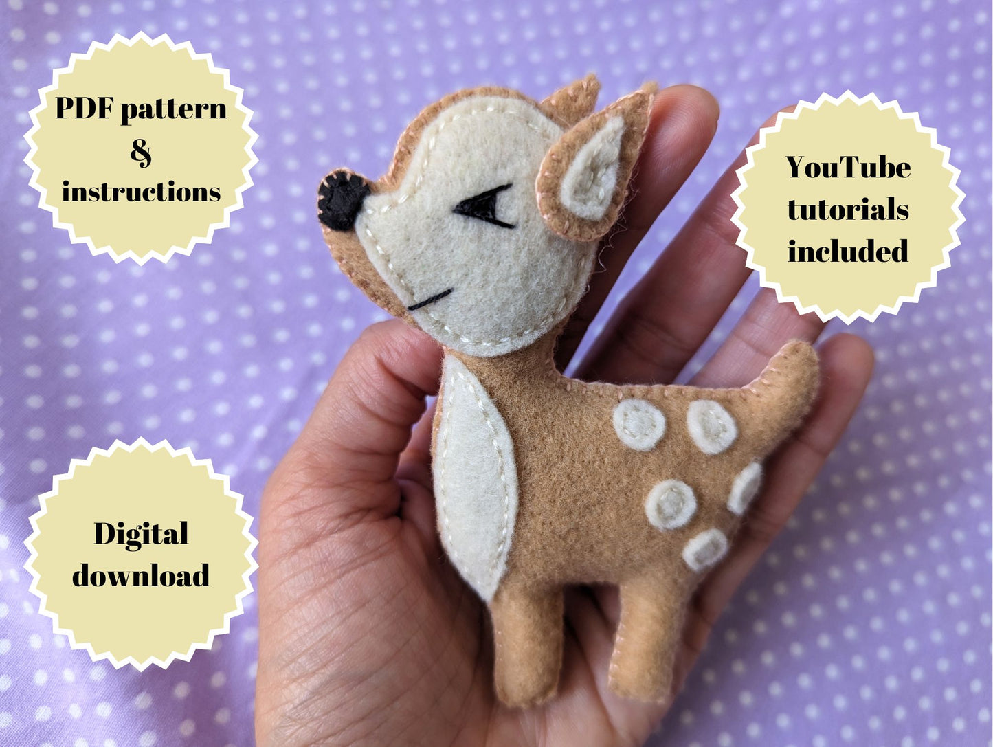 Felt deer PDF pattern and tutorial | DIY plushie sewing pattern with video tutorial