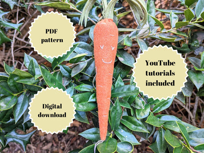Cute felt carrot plushie sewing pattern with picture and video tutorial | PDF pattern for felt carrot sewing