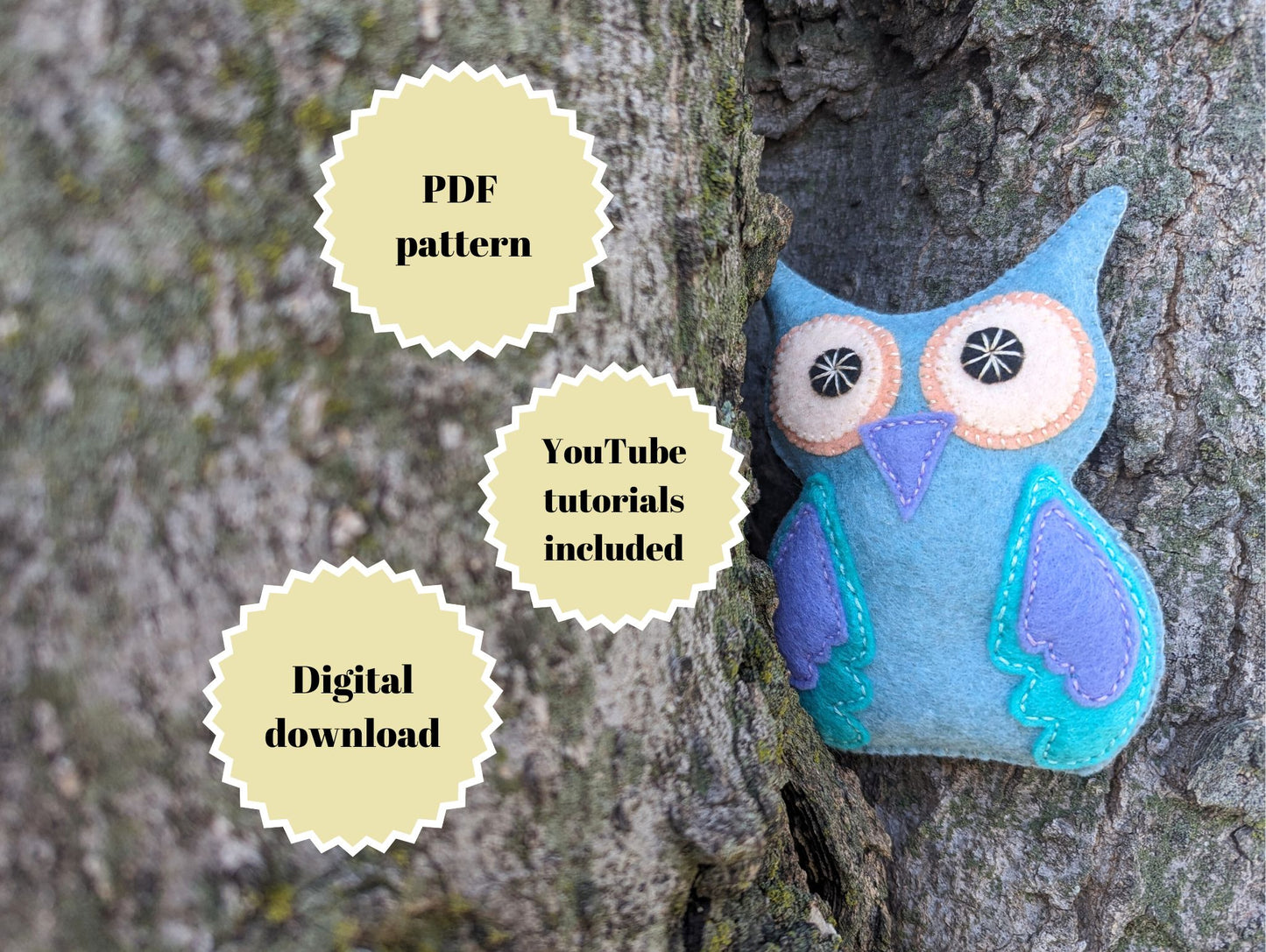 Cute felt owl sewing pattern with pictures and video tutorial | PDF pattern for felt animal sewing