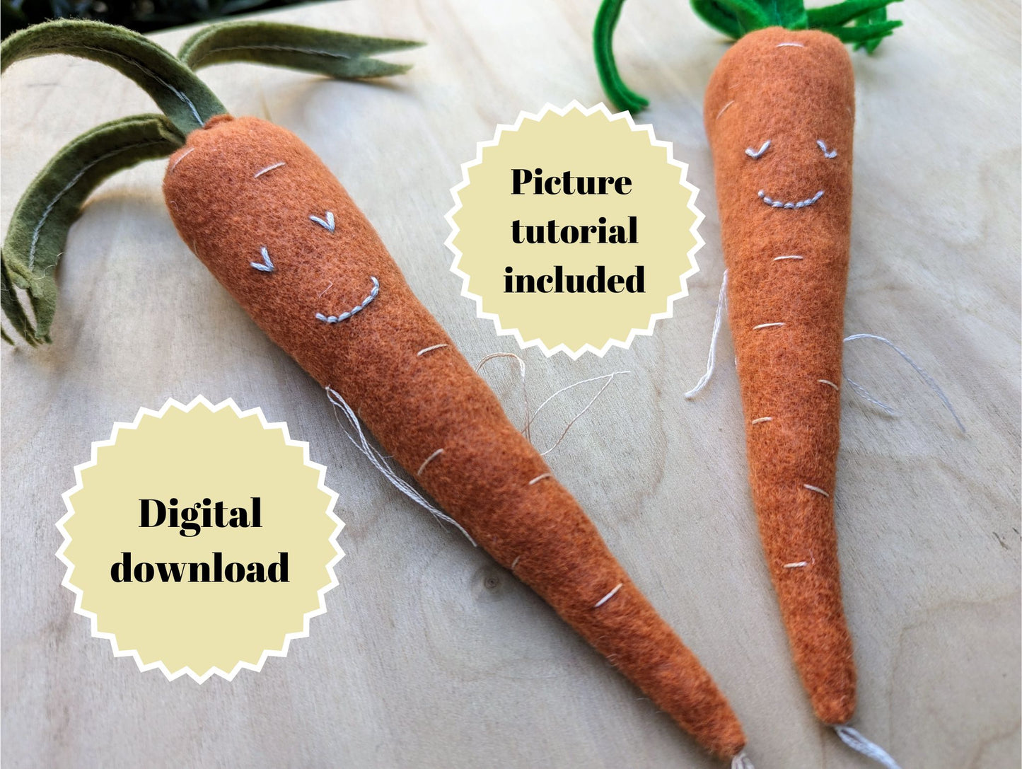 Cute felt carrot plushie sewing pattern with picture and video tutorial | PDF pattern for felt carrot sewing